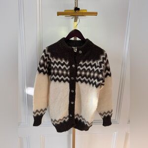 Vintage Elegant brown Cream Chevron fair isle wool Cardigan womens med sweater